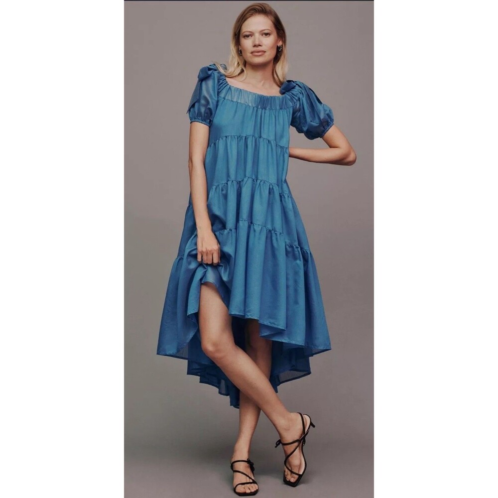 Anthropologie Midi Dress Blue Off The Shoulder Preppy Resort Vacay Medium P NWT